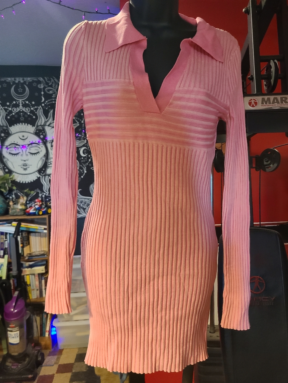 Vintage Pink Ribbed V-Neck Polo Long Sleeved Sweater Dress